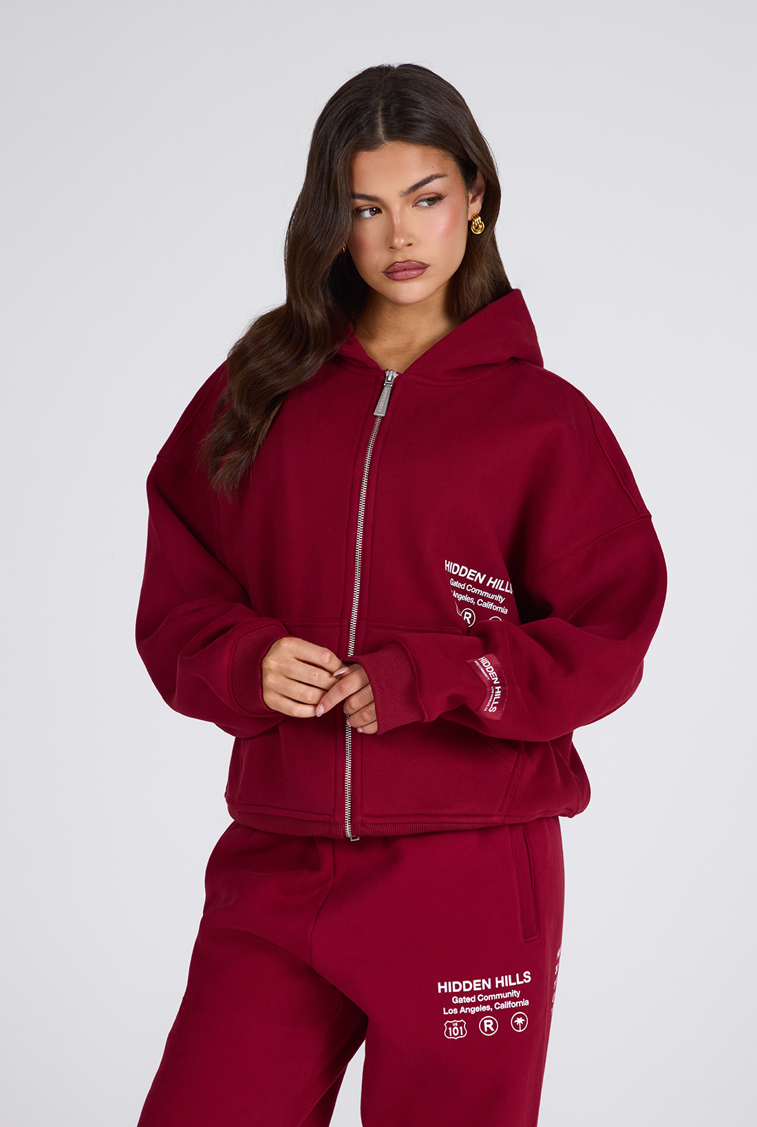 LABEL ZIP HOODIE BURGUNDY - Hidden Hills