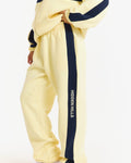 Hidden Hills Contrast Panel Straight Leg Sweatpants Butter Yellow/Navy, waist down side view with HIDDEN HILLS stripe