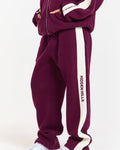 Hidden Hills Contrast Panel Straight Leg Sweatpants Plum, waist down side view with HIDDEN HILLS stripe