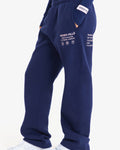 Hidden Hills Label Straight Leg Sweatpants Navy/Light Pink, waist down side view with thigh print