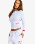 Hidden Hills Label Longsleeve Top light grey with red print, three-quarter view