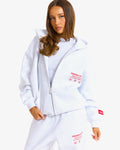 Hidden Hills Label Zip Hoodie light grey with red print, front view