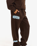 Hidden Hills Gated Community Straight Leg Sweatpants Dark Brown/Light Blue, side view with HIDDEN leg print