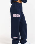 Hidden Hills Gated Community Straight Leg Sweatpants Navy/Light Pink, side view with HIDDEN leg print
