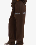 Hidden Hills Vintage Logo Straight Leg Sweatpants Dark Brown/Light Blue, side view with Hidden Hills Los Angeles print