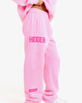 Hidden Hills Gated Community Straight Leg Sweatpants Bubblegum Pink/Dark Pink, side view with HIDDEN leg print