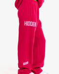 Hidden Hills Gated Community Straight Leg Sweatpants Dark Pink/Bubblegum Pink, side view with HIDDEN leg print