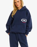 Hidden Hills Emblem Hoodie Navy, front three-quarter view