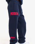 Hidden Hills Gated Community Straight Leg Sweatpants Navy/Red, waist down side view with HIDDEN print