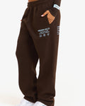 Hidden Hills Label Straight Leg Sweatpants dark brown with light blue print, side three-quarter view