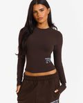 Hidden Hills Label Longsleeve Top dark brown with light blue print, front view