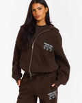 Hidden Hills Label Zip Hoodie dark brown with light blue print, front view