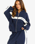 Hidden Hills Contrast Panel Zip Hoodie navy with cream stripe, front view