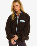 Hidden Hills Fleece Zip Up Jacket dark brown with light blue trim, front view