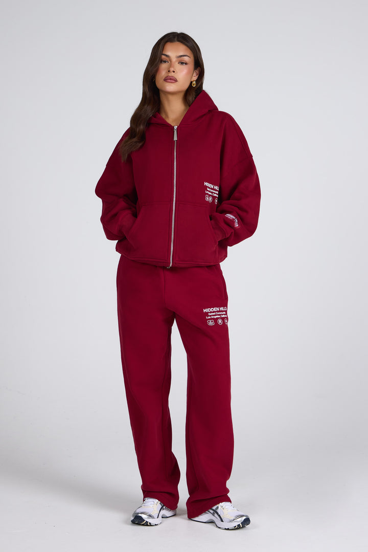 LABEL ZIP HOODIE BURGUNDY - Hidden Hills