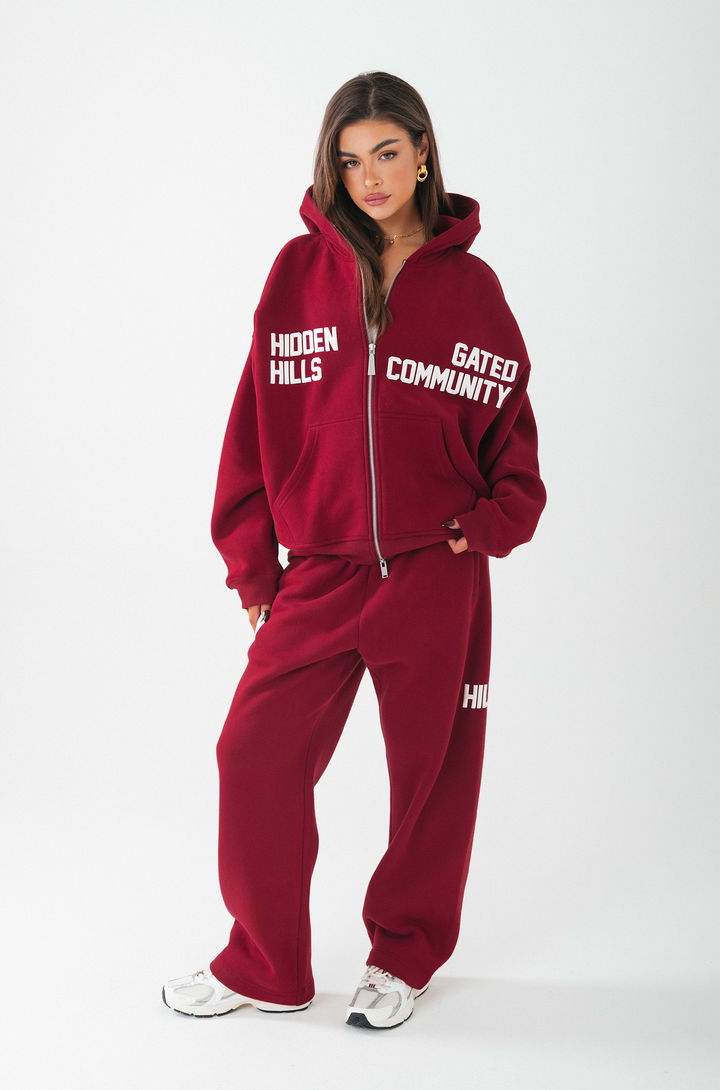 GATED COMMUNITY ZIP HOODIE BURGUNDY - Hidden Hills