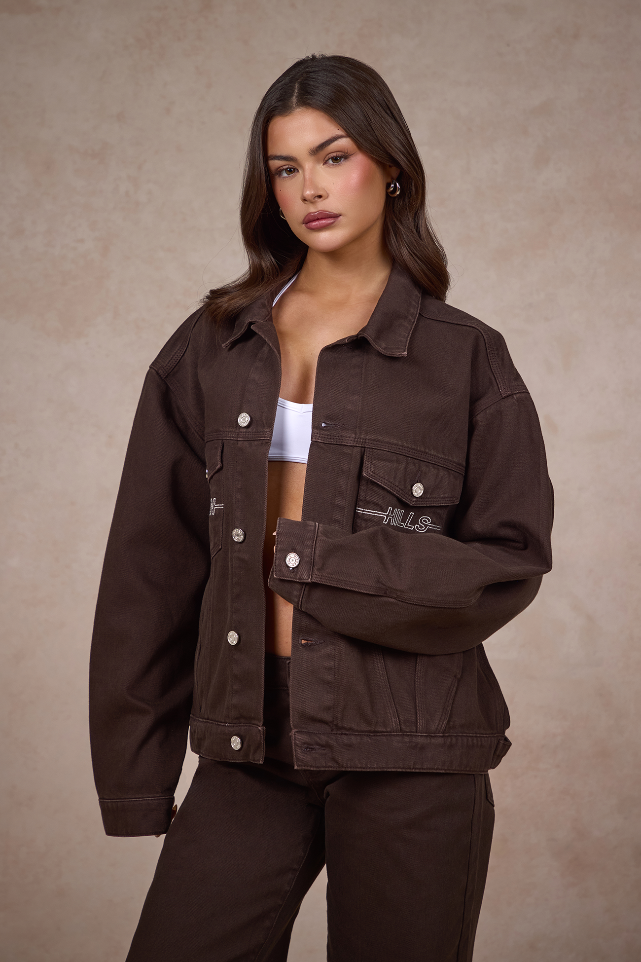 LOGO STITCH DENIM JACKET DARK BROWN