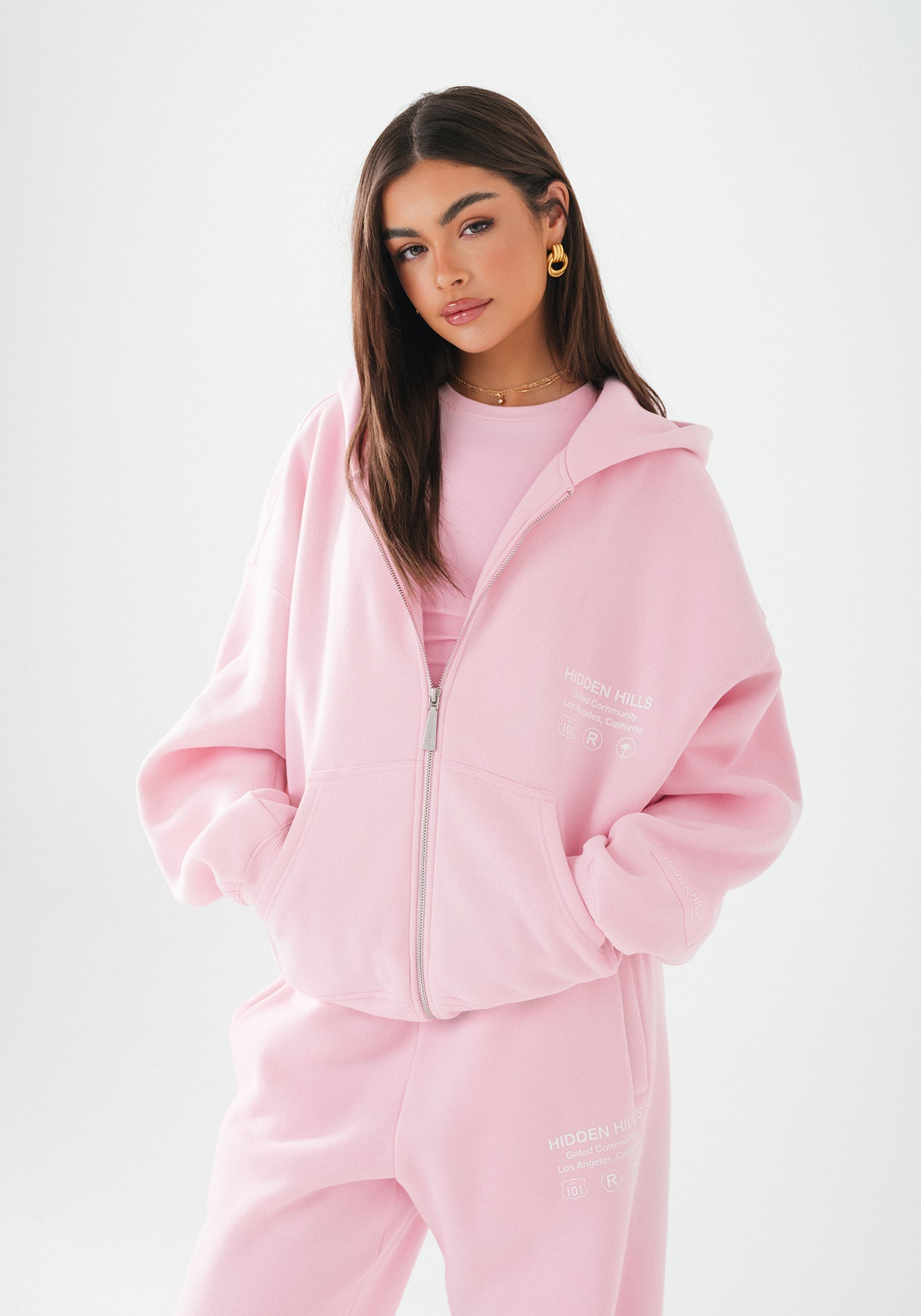 LABEL ZIP HOODIE LIGHT PINK